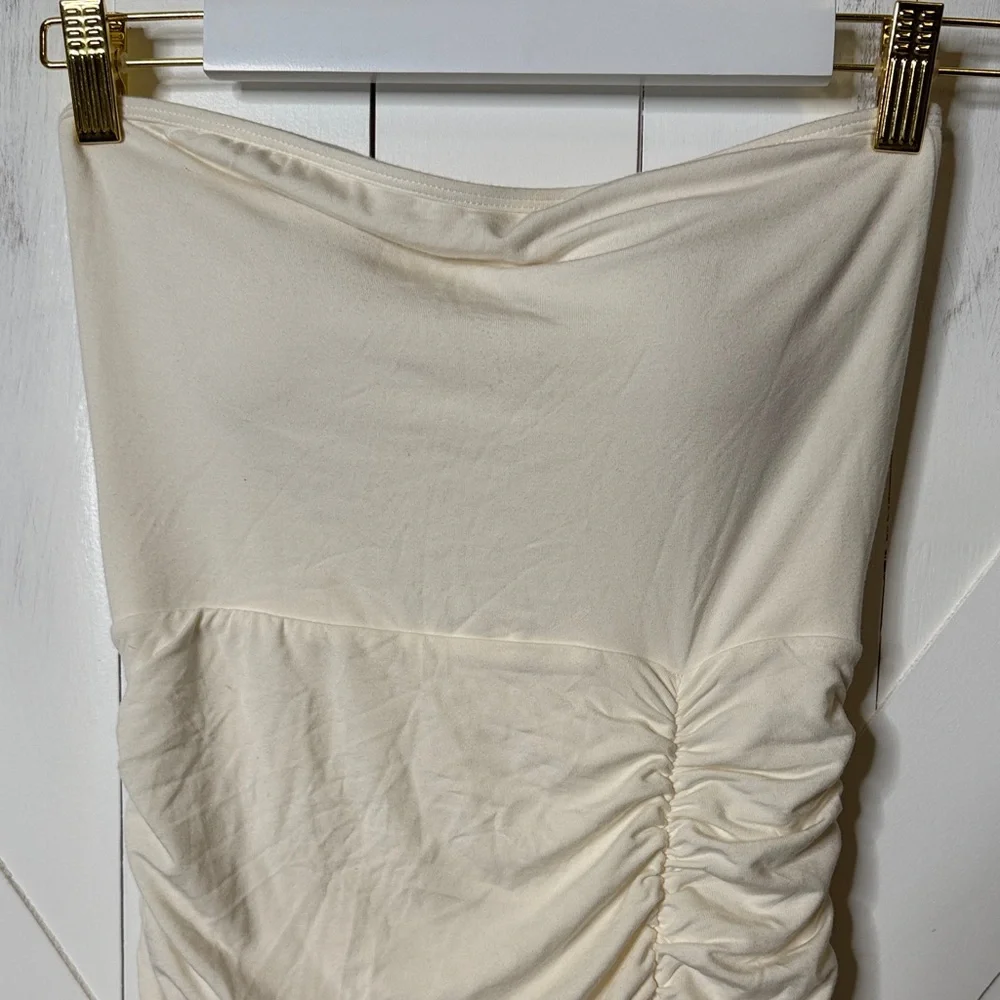 Klassy Network Cream Strapless Midi Dress with Thigh Slit